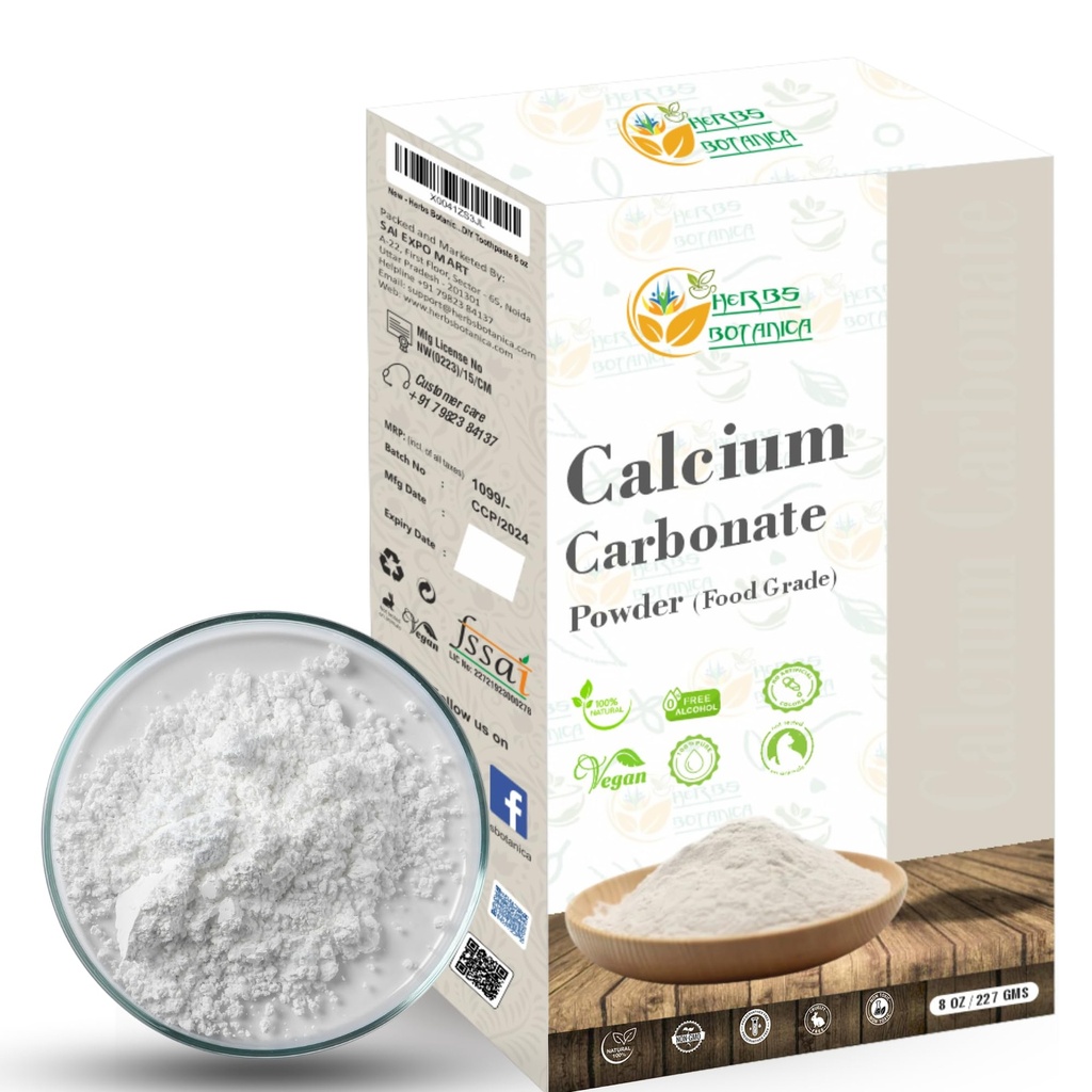 Herbs Botanica Calcium Carbonate Powder Food Grade Calcium Supplement for Cooking and Baking, Antacid, DIY Toothpaste 8 oz