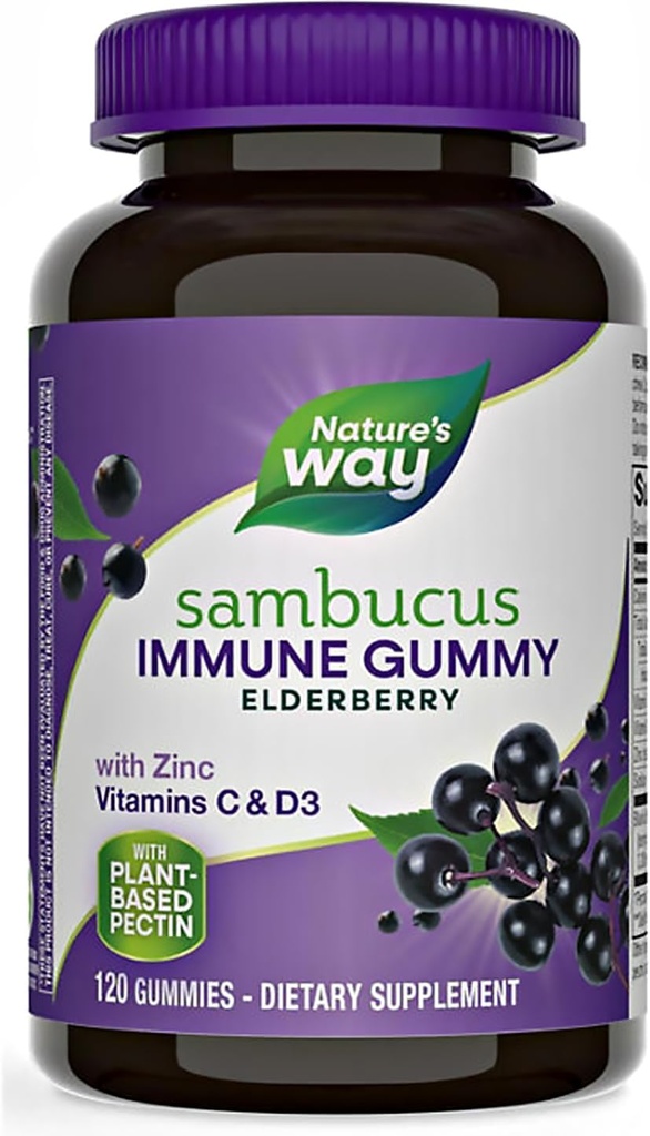 Natures+Way Sambucus Gommies aux mûres aînées, avec vitamine C, vitamine D et zinc, soutien immunitaire pour les enfants et les adultes, 120 Gommies