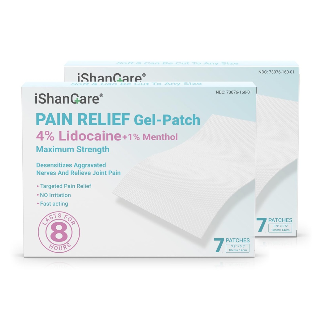 ishancare Lidocaine 4% + Menthol 1% Patches 14Count Fast Acting Maximum Strength Back Neck, Shoulders, Knees, Elbows Pain Relief - Temporary Nerve & Joint Pain Solution