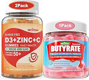 2 Confezione Zucchero Vitamina C + D3 + Gummie di zinco per adulti 50+ + 1 confezione Macellai