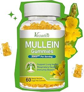 Mullein Gummies, Mullein Leaf Extract avec Bromelain, Quercetin, Pine Bark Support Lung Cleanse pour respirer sainement, 60ct