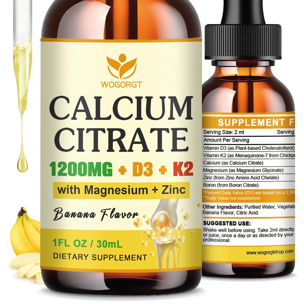 Calcium Citrate 1200mg Liquid Supplement with Vitamin D3 for Women & Men - Calcium Magnesium Zinc D3 K2 Supplement for Bone, Teeth, Immune Support - Sugar Free, Vegan, Banana Flavor - 1 Fl Oz (2 Pack)