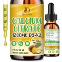Calcium Citrate 1200 mg with Vitamin D3 Liquid Drops for Women & Men, Calcium Citrate with Vitamin D3 & K2 for Bone Muscle & Teeth- 2 Fl oz- 30 Day Vegan Supply