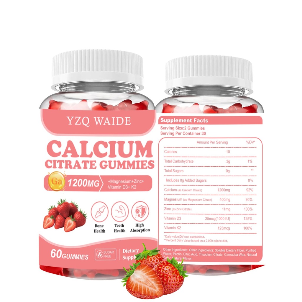 Calcium Citrate Gummies 1200mg with Vitamin D3 + K2, Magnesium, Zinc, Chewable Calcium Supplement for Women & Men, Bone Healthy, Sugar Free, Non-GMO, Gluten Free, Strawberry Flavor 60 Count