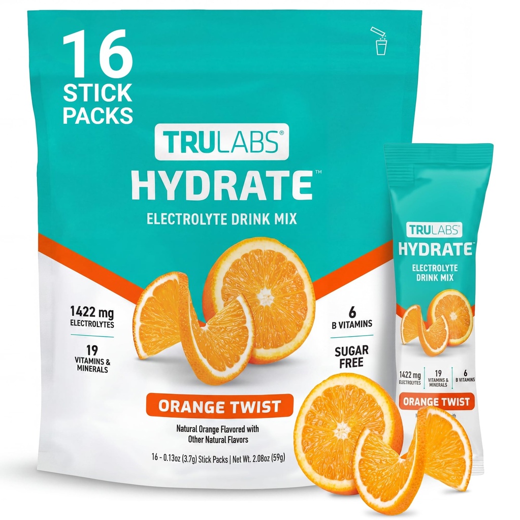 TRULABS Hydrate Electrolyte Drink Mix – Orange Twist Flavor, Sugar-Free Hydration Packets with 1422 mg Electrolytes & 19 Vitamins & Minerals, Monk Fruit Sweetened, On-the-Go Sticks (16 Count)