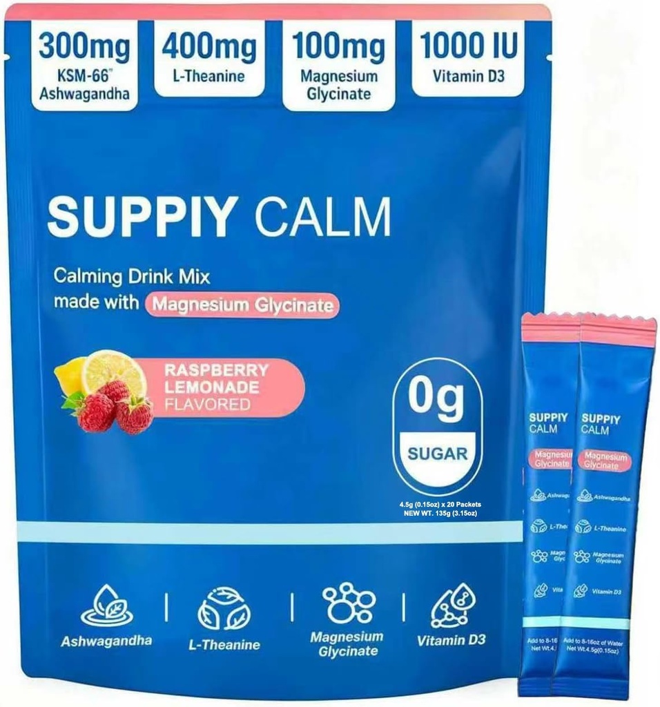 Calm Magnesium Glycinate Powder Drink Mix, Sleep Aid Supplement for Women Men, L-theanine, Vitamin D, No Sugar, Non GMO, Raspberry Lemonade (20 Servings)