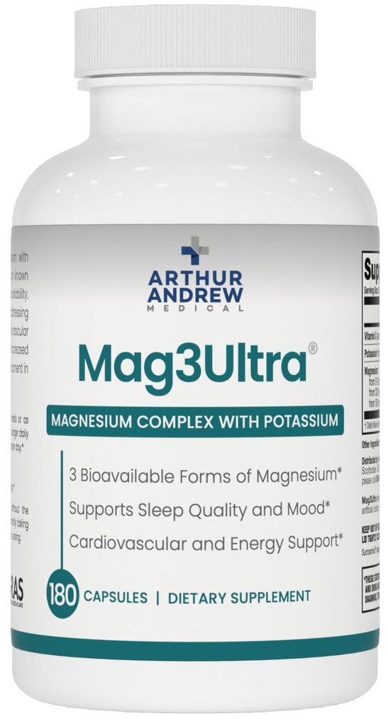 Arthur Andrew Medical, Mag3Ultra Triple Magnesium Supplement, Sucrosomial, Bisglycinate, Taurate for Muscle, Stress, Mood, Nerve, Bone & Heart Support, 180 Capsules