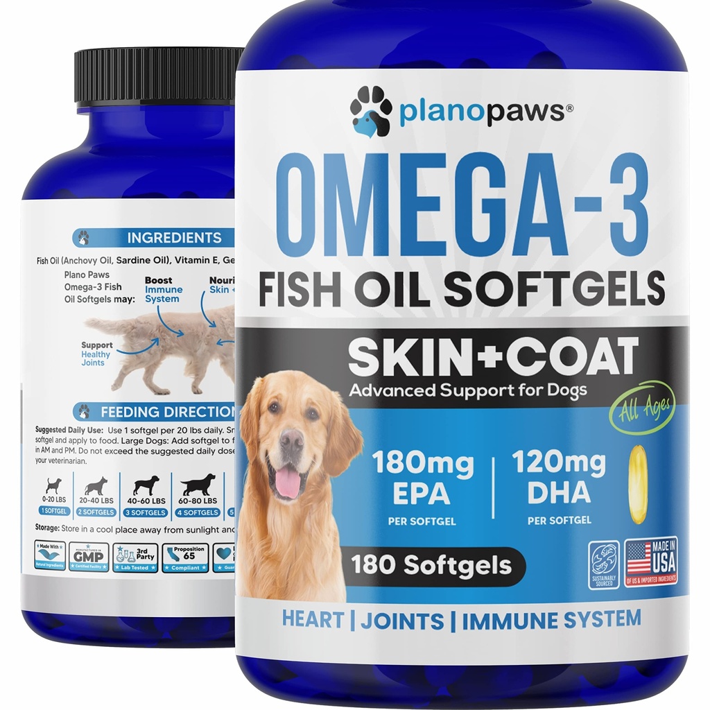 Omega 3 Huile de poisson pour chiens Capsules - Huile de saumon pour chiens - Supplément d'huile de poisson de chien peut aider Shedding, Allergie, Démangeaisons - Support peau sèche, articulations - Supplément de peau de chien et de manteau - 180 pilules d'huile de poisson