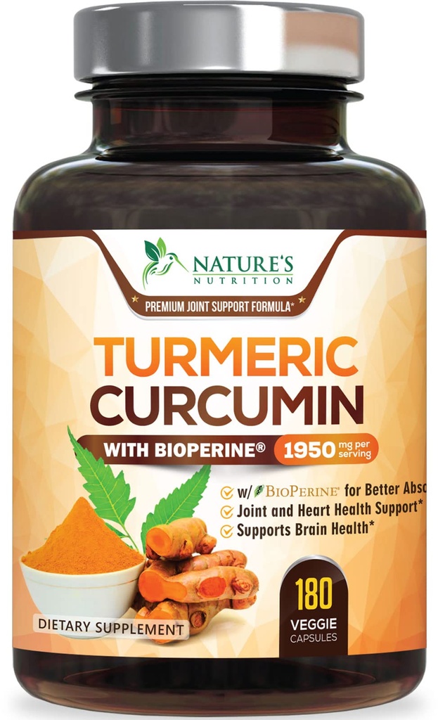 Supplément curcumin curcumin curcuma 1950mg - 95% Curcuminoïdes avec extrait de poivre noir curcuma biologique et biopérine pour la meilleure absorption, support de joint végétalien de la nature, non-OGM, mis en bouteille aux États-Unis - 180 Capsules
