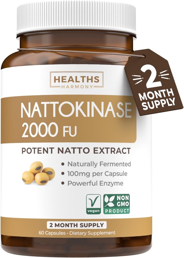 Gesundheit Harmony Nattokinase 2000 FU (Non-GMO) Leistungsstarke Nattokinase-Ergänzung von Naturally Fermented Soybeans - (2 Monate Versorgung) 60 Vegan Natto Kapseln