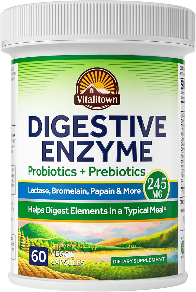 Vitalitown Verdauungsenzym | 3-in-1 Formel | Probiotika + Präbiotika | 60 Veg Caps | 245 mg | Seven Key Enzymes | Bromelain, Lactase | für Verdauung | Vegan, Non-GMO