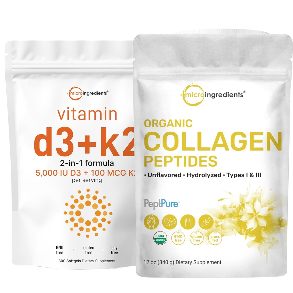 Micro Ingredients Vitamin D3 5,000iu + K2 100mcg Softgels & Organic Collagen Peptides Powder Bundle 2 Pack | Essential Sunshine Vitamins | Hydrolyzed Type I & III Bovine Collagen