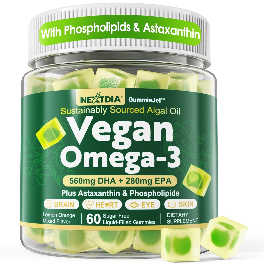 Vegan Omega 3 Gummies + Phospholipides, Astaxanthine, Vitamine D3, DHA 560mg & EPA 280mg, Supplément Algae Omega 3 sans poisson pour adultes et enfants pour le cerveau, les yeux, la peau et la santé globale, sans sucre, 60 Cts