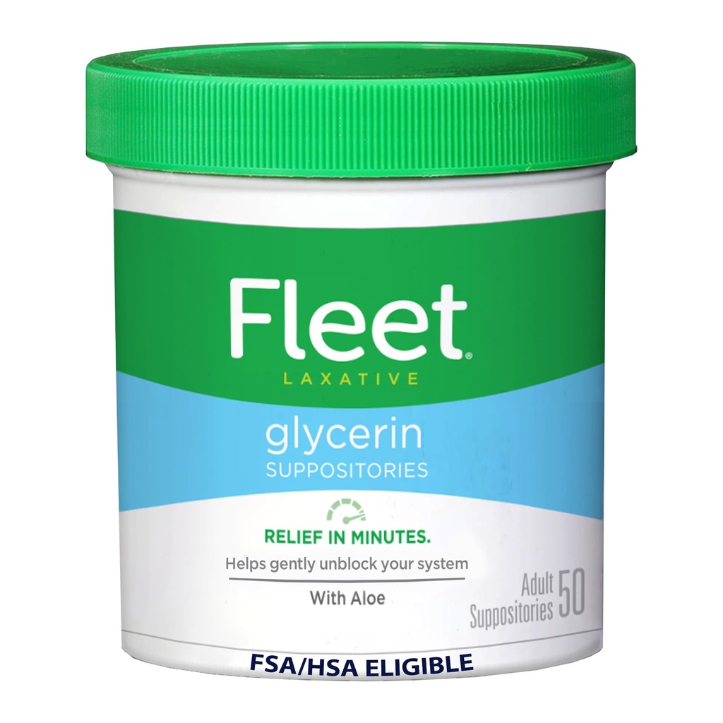 Fleet Glycerin Suppositories for Constipation Relief, Fast and Effective Stimulant-Free Laxative with Aloe Vera, 50 Count Jar