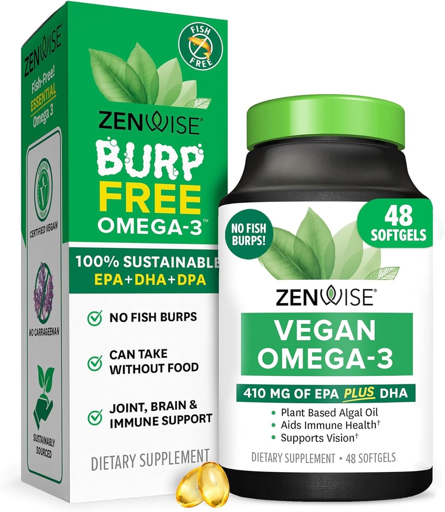 Zenwise Health Vegan Omega 3 Supplement - Burpless Omega 3 Supplement mit DHA, EPA & DPA Fettsäuren für Immungesundheit - Fish Oil Alternative aus Sustainable Sourced Marine Algae Oil - 48 Softgels