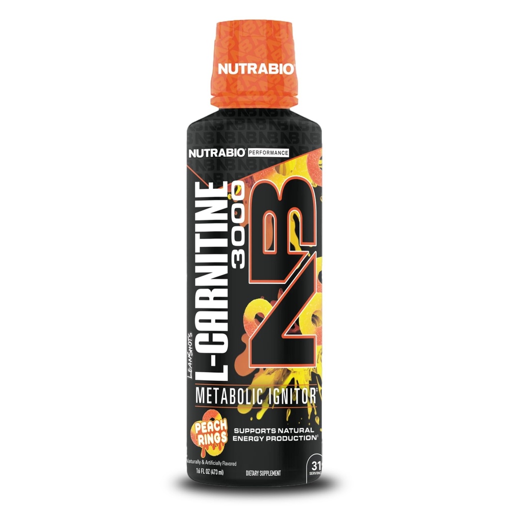 NutraBio – L-Carnitin Liquid Shots – 3000mg, (Peach Ringe) – 10mg Vitamin B-5 – Zero Carbs & Sugars – Energieproduktion – Muskelrückgewinnung