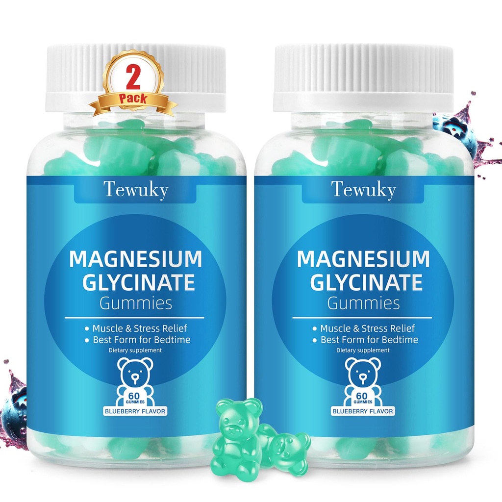 Magnesium Glycinate Gummies 2 Bottles, Sugar-Free for Adults & Kids, Best Magnesium Gummies for Sleep, Stress & Muscle Relief, Supports Bone & Nerve Health, Vegan, Pectin-Based, Blueberry Flavor