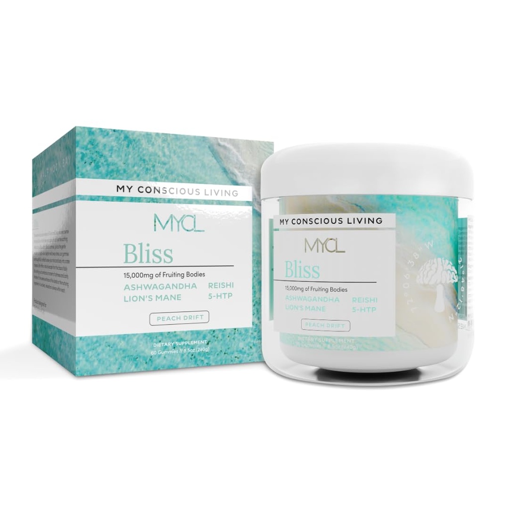 MYCL Bliss Mushroom Gummies | 500mg Ashwagandha, Reishi, Lion’s Mane, Lemon Balm & 5-HTP Whole Fruiting Body | Stress Relief, Relaxation & Mood Support | Vegan, Organic, Gluten-Free | 30 Servings