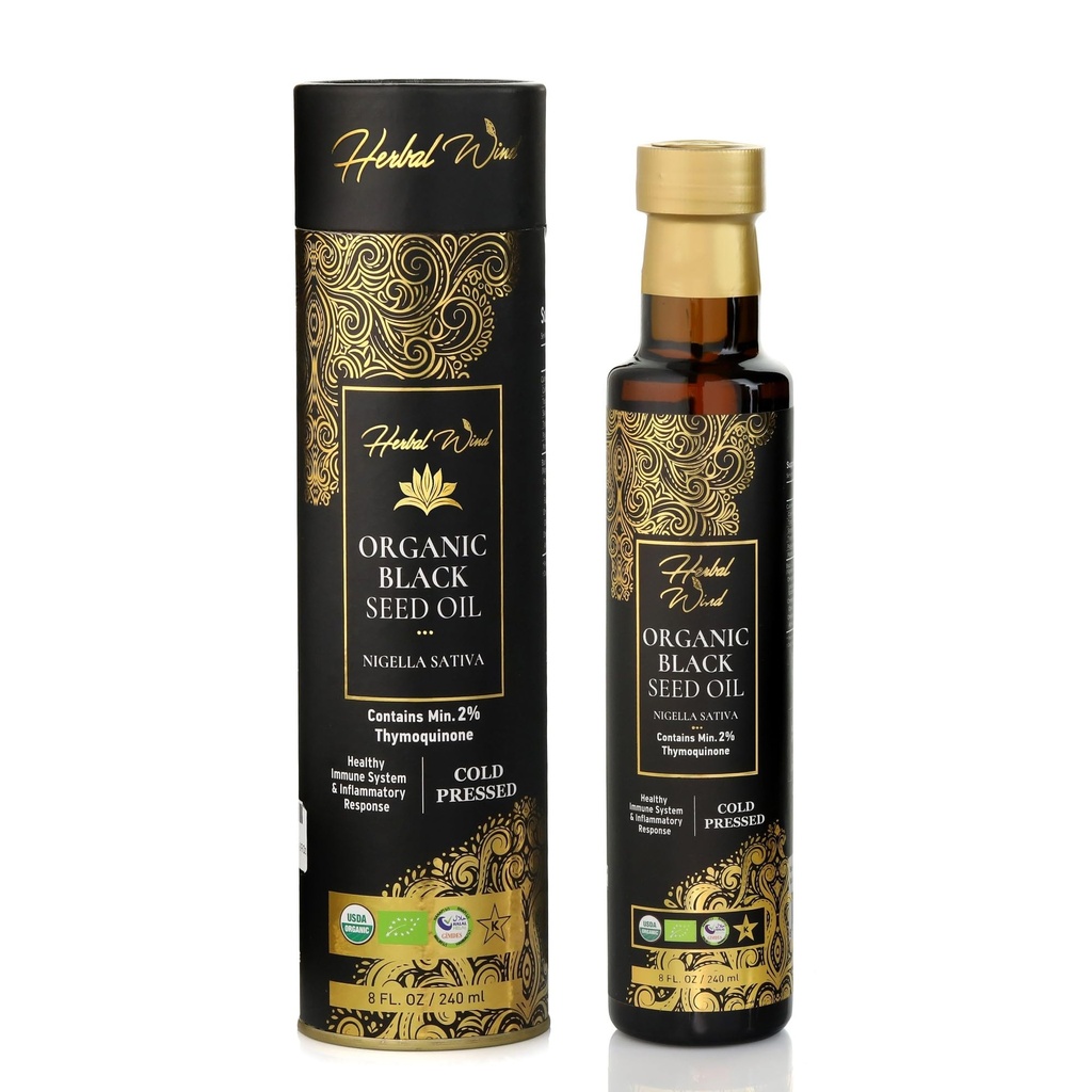 Herbal Wind Black Seed Oil: Cold Pressed USDA Organic Black Seed Oil Liquid - Turkish Nigella Sativa Black Cumin Seed Oil with Min. 2% Thymoquinone for Immune Support, Joint Health and More - 8 Fl Oz