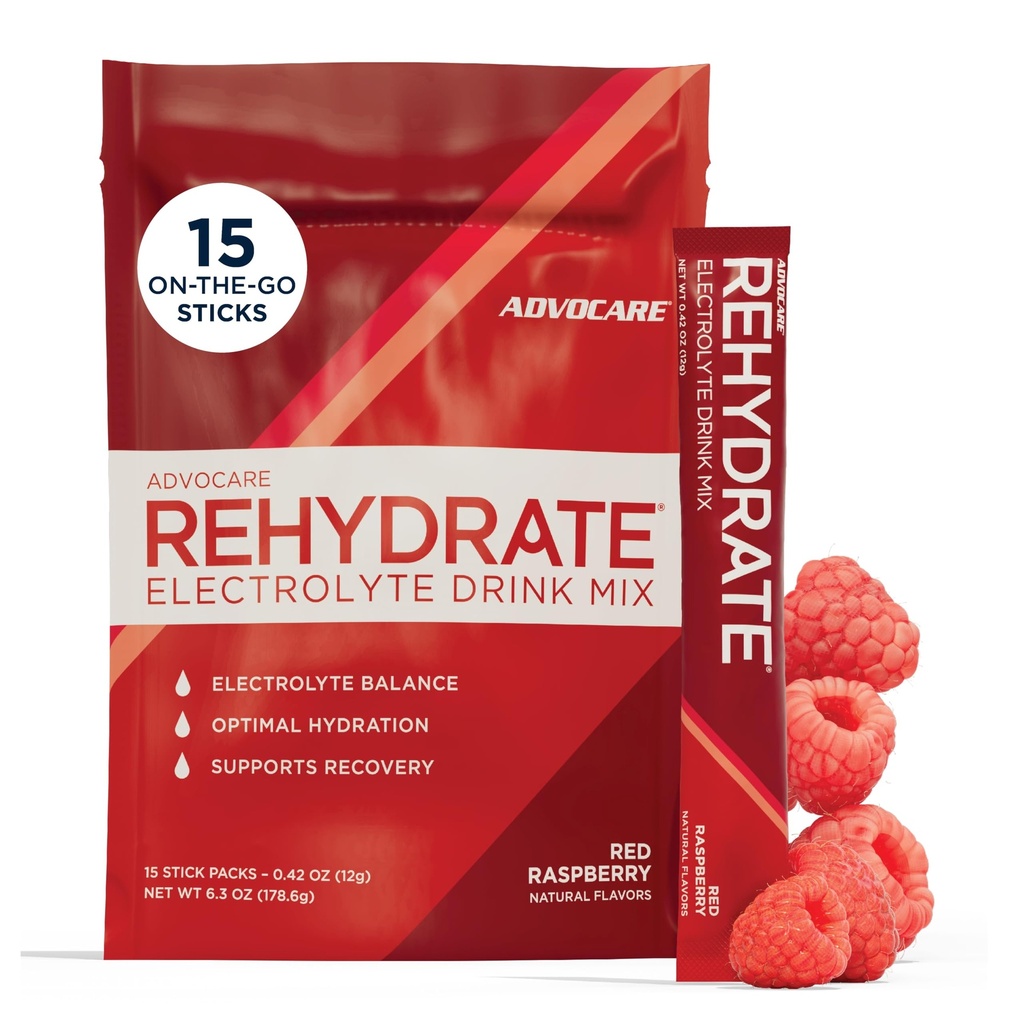 AdvoCare Rehydrate - Electrolyte Drink Mix - Includes Magnesium, Sodium, Potassium & Calcium - Antioxidant & Amino Acid Fortified - Hydration & Recovery - Red Raspberry, 15 Stick Packs (6.3 oz)