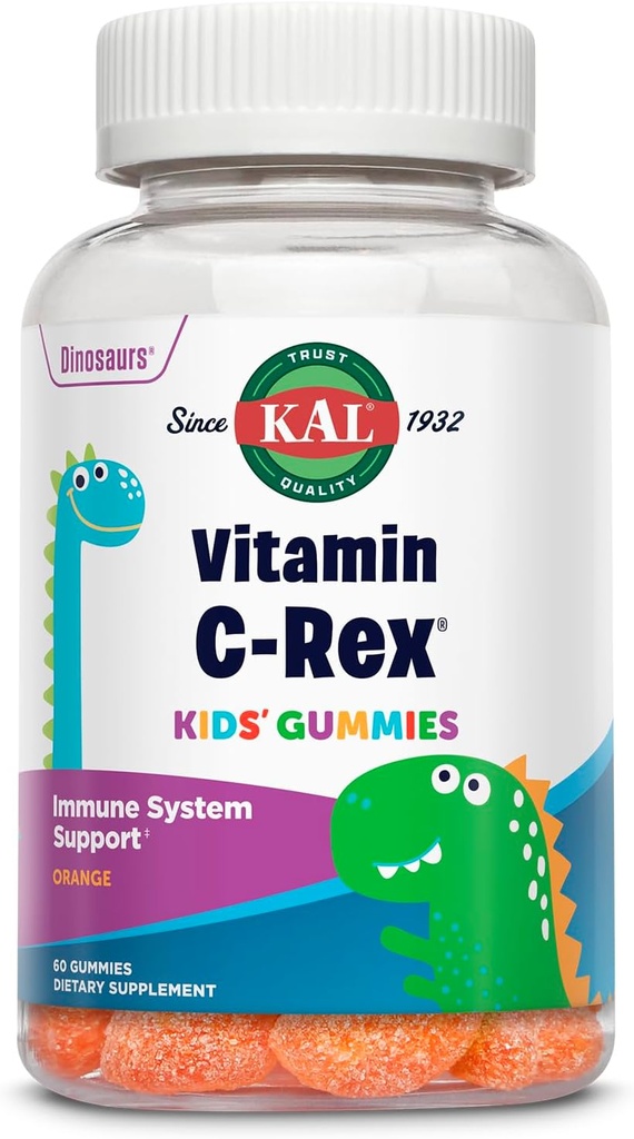 KAL Vitamin C-Rex Kids’ Gummies, Vitamin C Gummies for Kids, Healthy Immune, Bone, Muscle & Skin Support Vitamin C Gummy, Vegan, Gluten Free, 60 Day Money Back Guarantee, 30 Servings, 60 Gummies