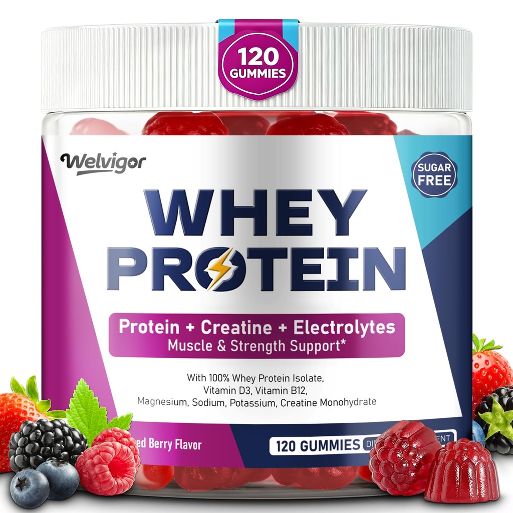 3-in-1 Whey Protein Gummies: Muscle Power Support with 10g Whey Isolate, Creatine & Electrolytes, 0 Sugar Keto Post Workout Supplement for Men & Women, Energy Boost On-the-Go Fitness, 120Cts