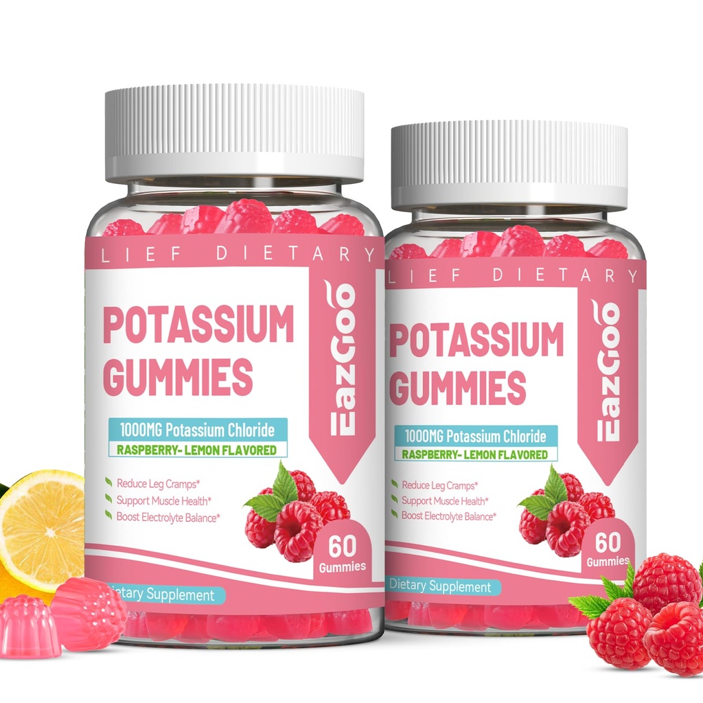 2 Pack Potassium Gummies, Potassium Chloride 1000mg for Adults, Chewable Potassium Supplement for Women & Men, Support Leg Cramps & Muscle Health - Sugar-Free, Vegan,120 Count