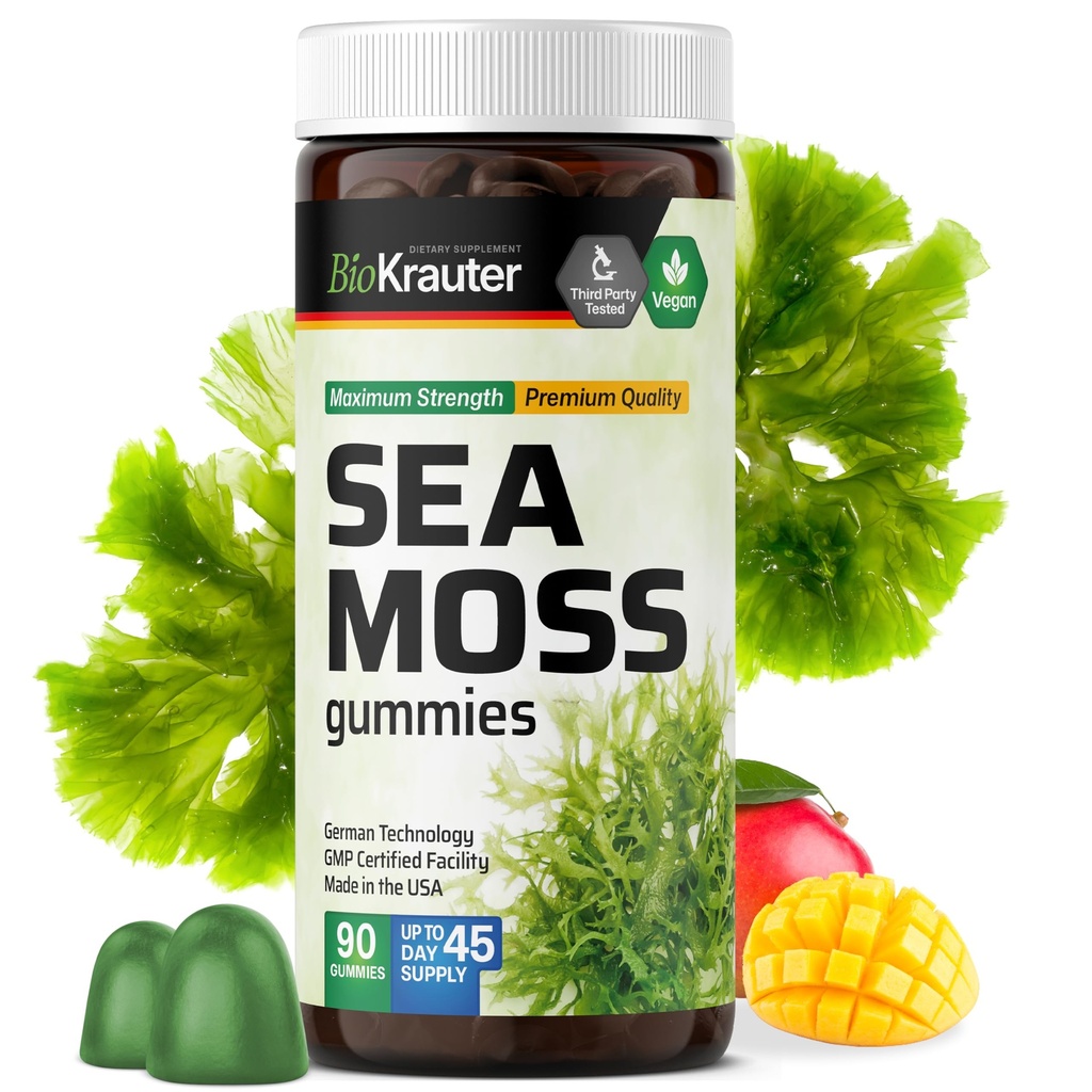 BIO KRAUTER Irish Sea Moss Gummies per le donne e gli uomini - 2840 mg di resistenza - 90 Vegan Chews - Bladderwrack & Burdock Root Supplement - Chondrus Crispus Formula - Seamoss Gummies