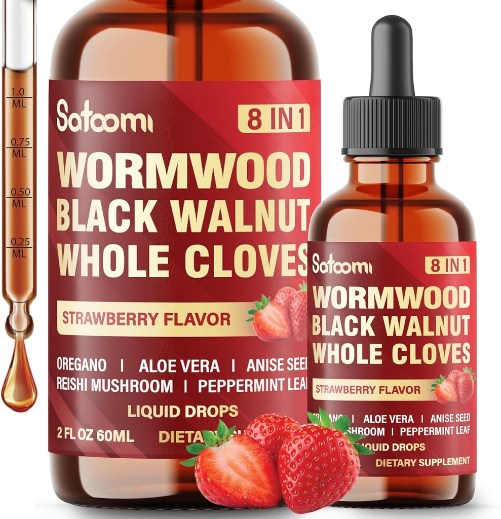 Satoomi 8in1 Wormwood Liquid Drops mit Black Walnut, Ganze Tücher und 5 Mehr - 60ml für 60 Tage Versorgung
