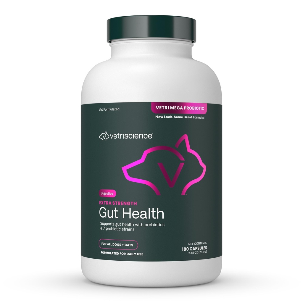 VetriScience Extra Strength Gut Health Probiotic & Prebiotic Digestive Supplements für Hunde & Katzen, Gas & Durchfall & Immununterstützung, Easy-Open Capsules, 180 Count - New Look