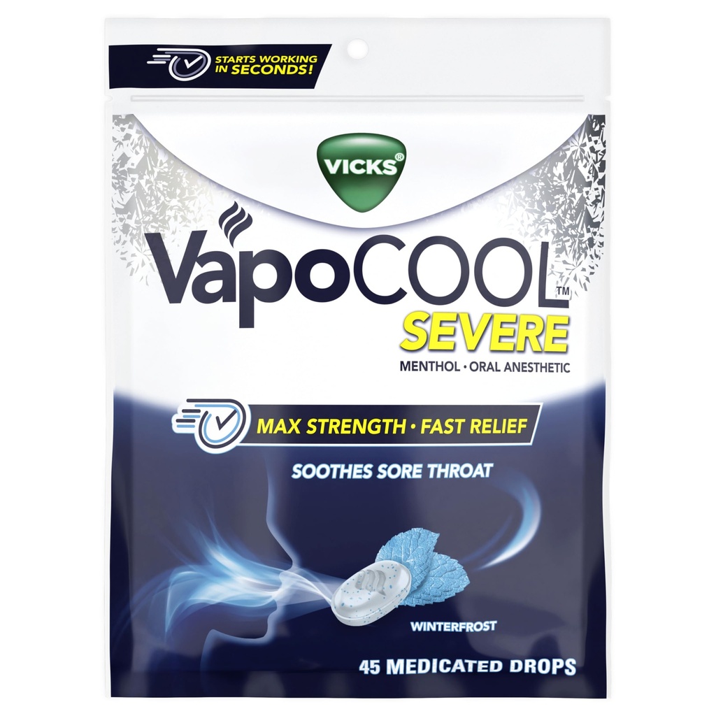 Vicks VapoCool Severe Medicated Sore Gocce di Troia, Mentolo di Max Forza, Dolore di Soothes Sore Throat Pain, Winterfrost Flavor, 45ct