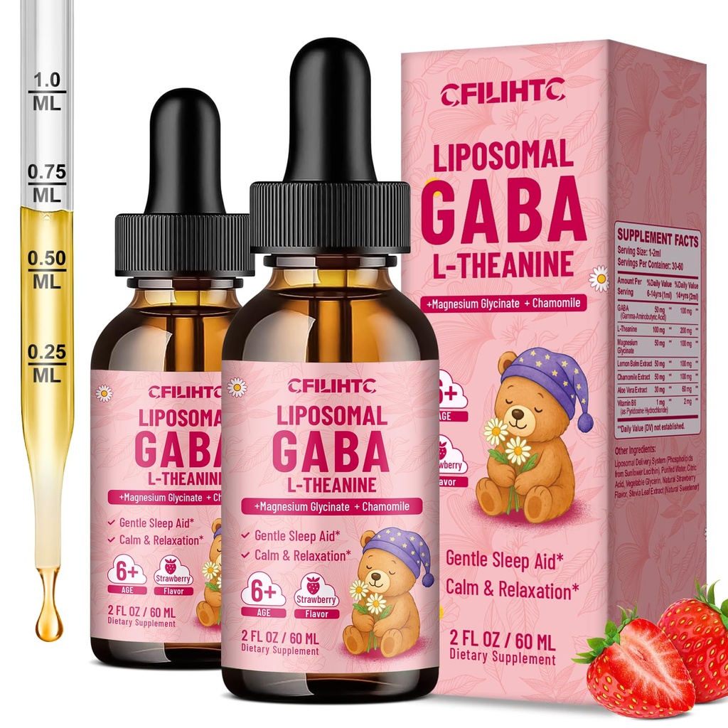 2 Pack Liposomal GABA L-Theanine Drops for Kids - Liquid GABA Supplement with Magnesium, Chamomile, Lemon Balm & Vitamin B6 - Support Relaxation, Focus & Stress Relief for Kids & Adults - Strawberry