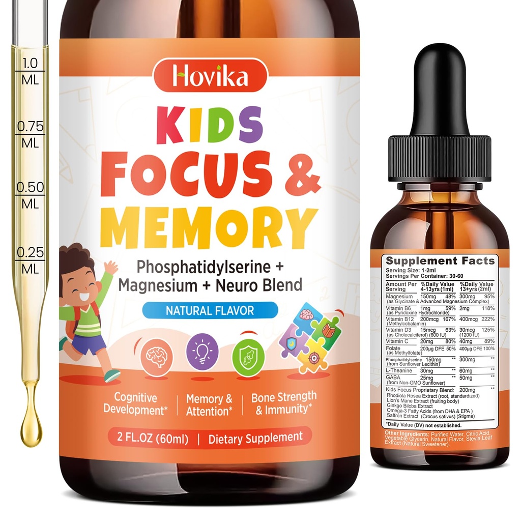 Kids Focus and Attention Supplements with Phosphatidylserine, L-Theanine, Omega-3 & Magnesium Glycinate - Kids Brain Vitamins Liquid Drops - Support Concentration, Memory, Sleep & Mood, Natural Flavor
