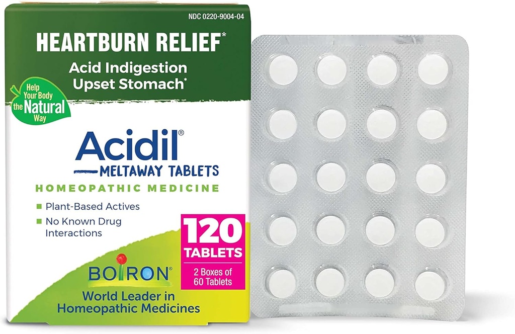 Comprimés d'acide Boiron pour soulager le reflux acide, les brûlures d'estomac, l'indigestion et l'estomac relevé - 120 Compte (2 paquets de 60)