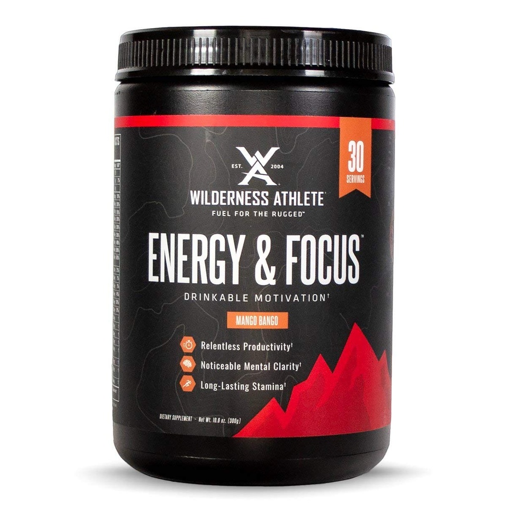 Wilderness Athlete - Energy & Focus | Energy Pre Workout for Women & Men - Energy Powder Drink Mix with Natural Caffeine - Low-Carb, Zero Sugar, No Crash Workout Powder - 30 Serving Tub (Mango Bango)