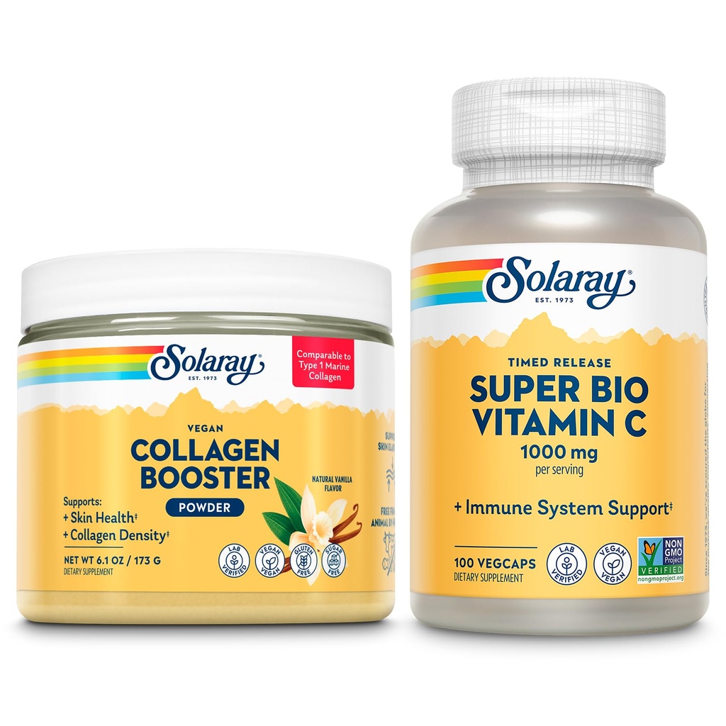 SOLARAY Vegan Collagen Powder and Super Bio Vitamin C 1000mg - Gluten Free Hydrolyzed Collagen Peptides Alternative, Buffered, Timed Release Vit C - Elasticity, Skin Health, Immune Support, 25/50 Serv
