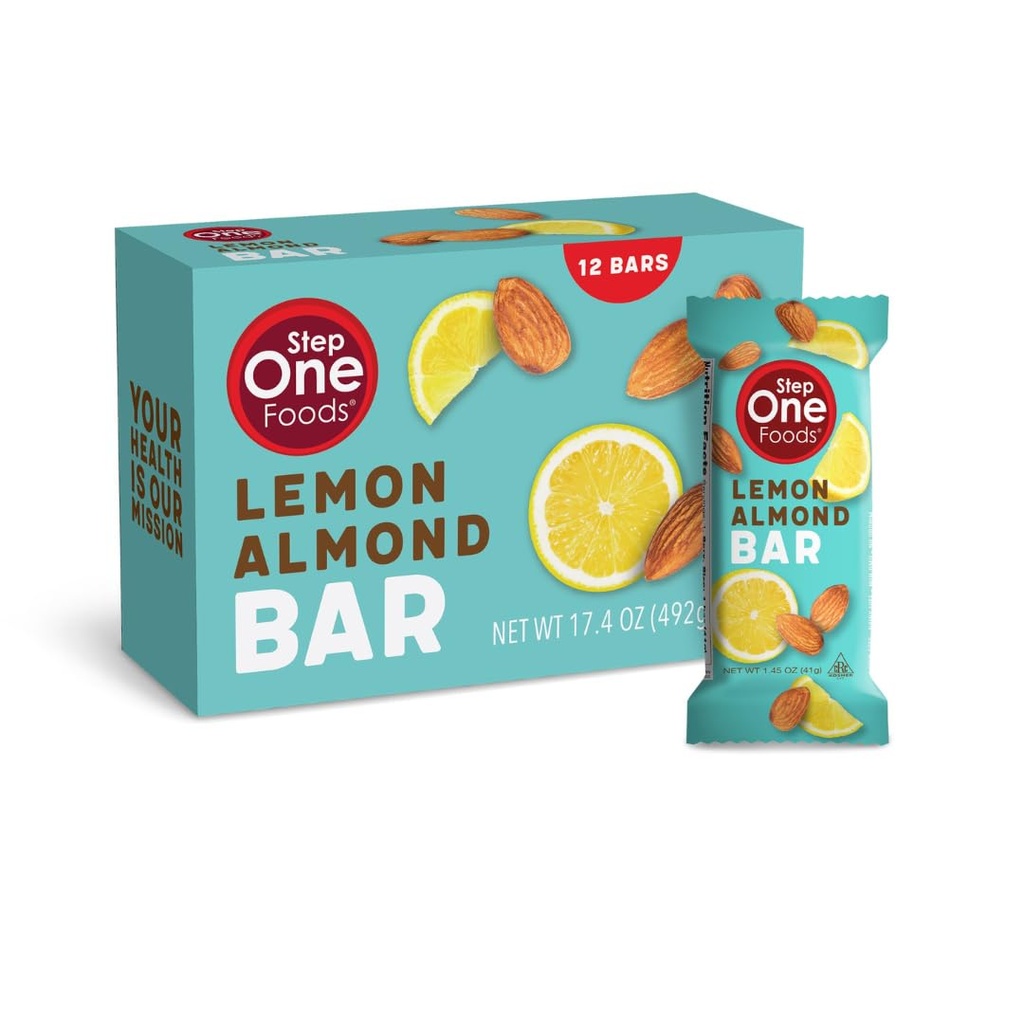 Step One Foods Lemon Mandel Bar, Heart Healthy Snack Plant Sterols, Omega 3's High Fiber Snack Gluten & Dairy Free, Vegan, Zero Sodium, Granola Bars (12 Pack)