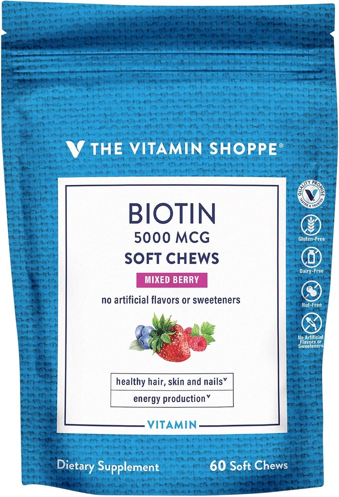 La Vitamina Shoppe Biotin Soft Chews for Hair, Skin & Nail Support - 5000mcg - Bacche miste (60 Soft Chews)