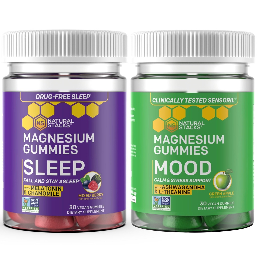 Natural Stacks Magnesium Gummies Bundle - Sleep + Mood Stress Gummies w/L-Theanine - 60 Total Magnesium Chewables
