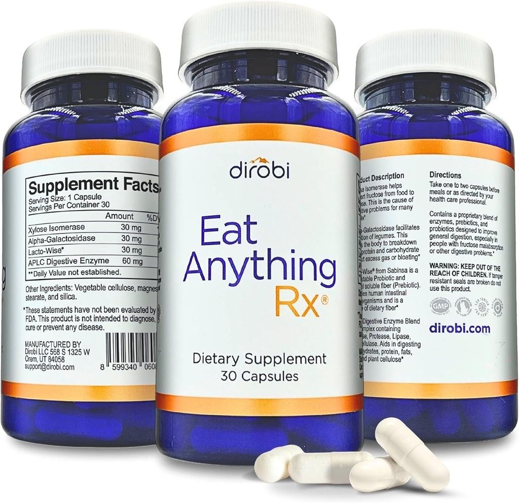 Dirobi Mangez n'importe quoi Xylose Isomérase Fructose Enzymes de malabsorption, Supplément FODMAP, Enzymes digestifs pour mieux lactose, gras, protéines et glucides Digestion Gaz et dégel 30 Capsules