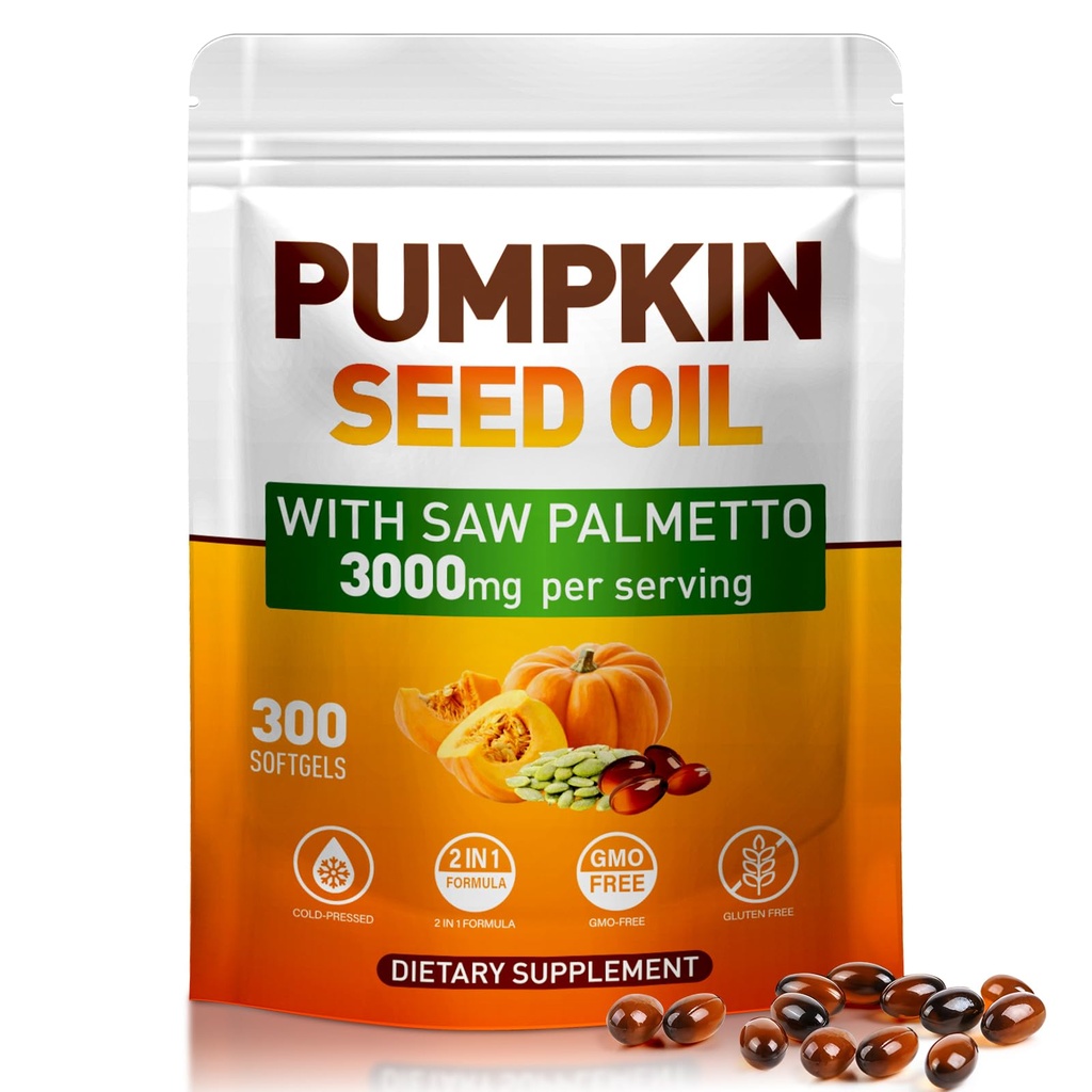 Pumpkin Seed Oil with Saw Palmetto, Cold-Pressed, 300 Softgels, Hair Growth, Radiant Skin, Urinary & Prostate | Rich in Fatty Acids & Phytosterols | Pure & Natural, Non-GMO