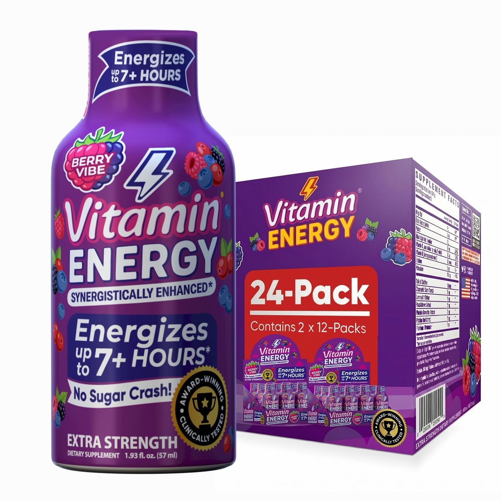 Vitamin Energy Mood+ Extra Strength Energy Shot Tropical Berry 24 Pack, 260mg Natural Caffeine, B-Vitamine, Rhodiola, Kamille, Mood & Energy Support, Zero Sugar, Gluten-Free, Vegan, 1,93 fl oz