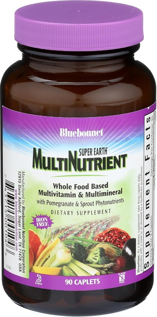 Bluebonnet Nutrition Super Earth* MultiNutrient Formula (Iron Free), per il supporto nutrizionale giornaliero*, Gluten-Free, Kosher Certified, Dairy Free, Vegetarian Friendly, 90 Caplets, 30 Serve
