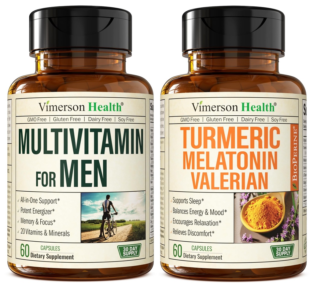 Mens Multivitamins + Turmeric Melatonin Valerian Bundle per il supporto congiunto e Discomfort Relief, Immune Health & Inflammatory Response