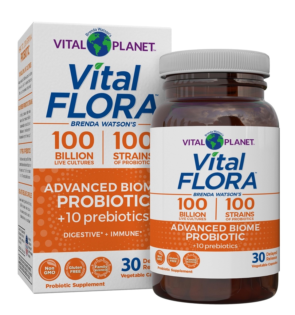 Vital Planet - Vital Flora Advanced Biome Probiotic 100 Billion CFU, 100 Diverse Strains, 10 Bio-Präbiotika, Immununterstützung, Colon und Digestive Health Probiotics für Frauen und Männer 30 Kapseln