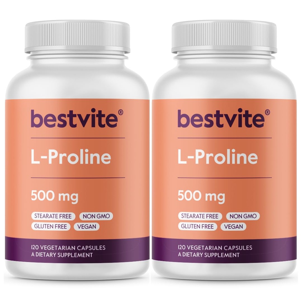 BESTVITE L-Proline 500mg (240 Vegetarian Capsules) (120 x 2) - No Stearates - No Fillers - Vegan - Gluten Free - Non GMO