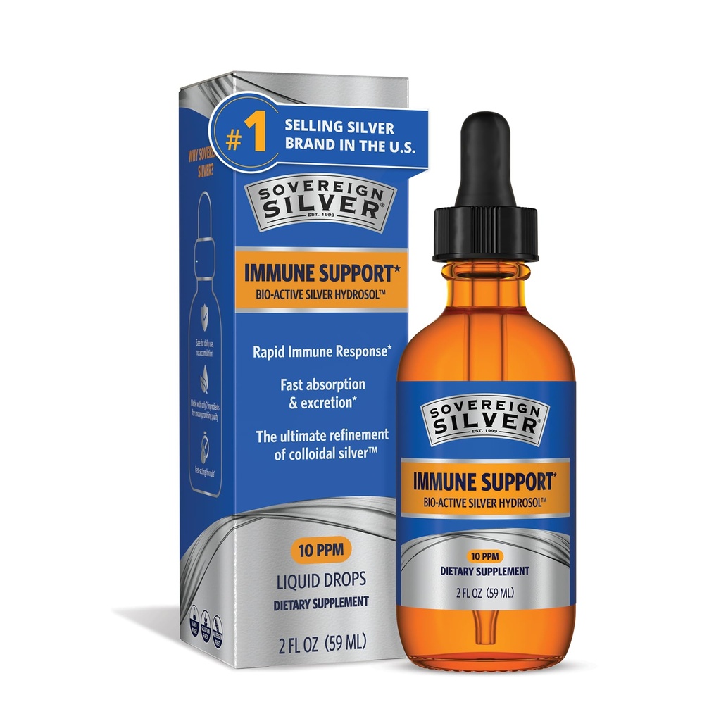 Sovereign Silver Immune Support - Kolloidales Silber, Bio-Active Silver Hydrosol, 10 ppm, Liquid Dropper, 2 Fl Oz, (59 mL)