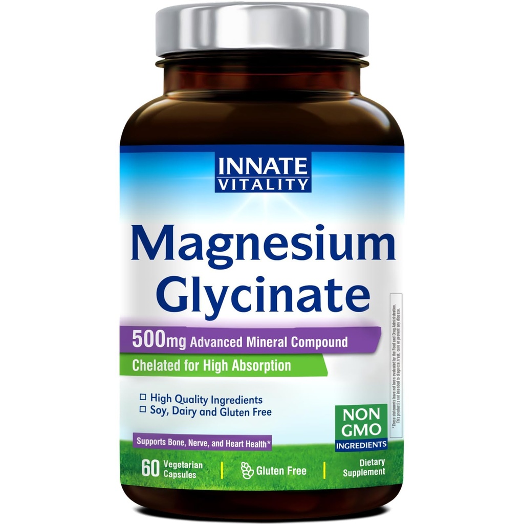 Innate Vitality Magnesium Glycinate 500mg | 70mg Elemental Magnesium Supplement- Hohe Absorption, nicht gepuffert, Non-GMO & No Gluten - Nerve, Knochen & Herz Gesundheit - 60 Vegan Kapseln Magnesio