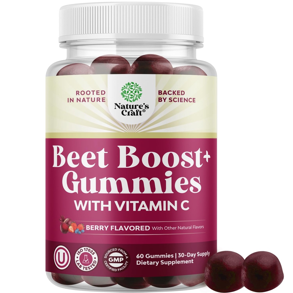 Beet Root Gummies with Vitamin C for Adults - Nitric Oxide Supplements for Men & Women for Blood Flow Support, Healthy Heart & Energy Support - Beetroot Juice Chews with VIT C & Mag Citrate - 60 Ct