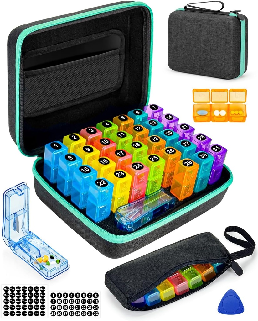 Monatliche Pille Organizer 3 Mal pro Tag, Friwole Medizin Organizer Box mit tragbarer Hard Shell und Pill Cutter, 31 Tage Pille Box mit Monat und Wochen Aufkleber (3 mal pro Tag)